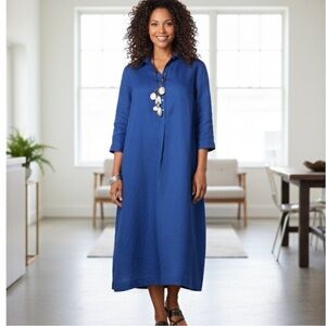 J. Jill LOVE LINEN Cobalt Blue 3/4 Sleeve Half Button Maxi Shirt Dress Pockets M